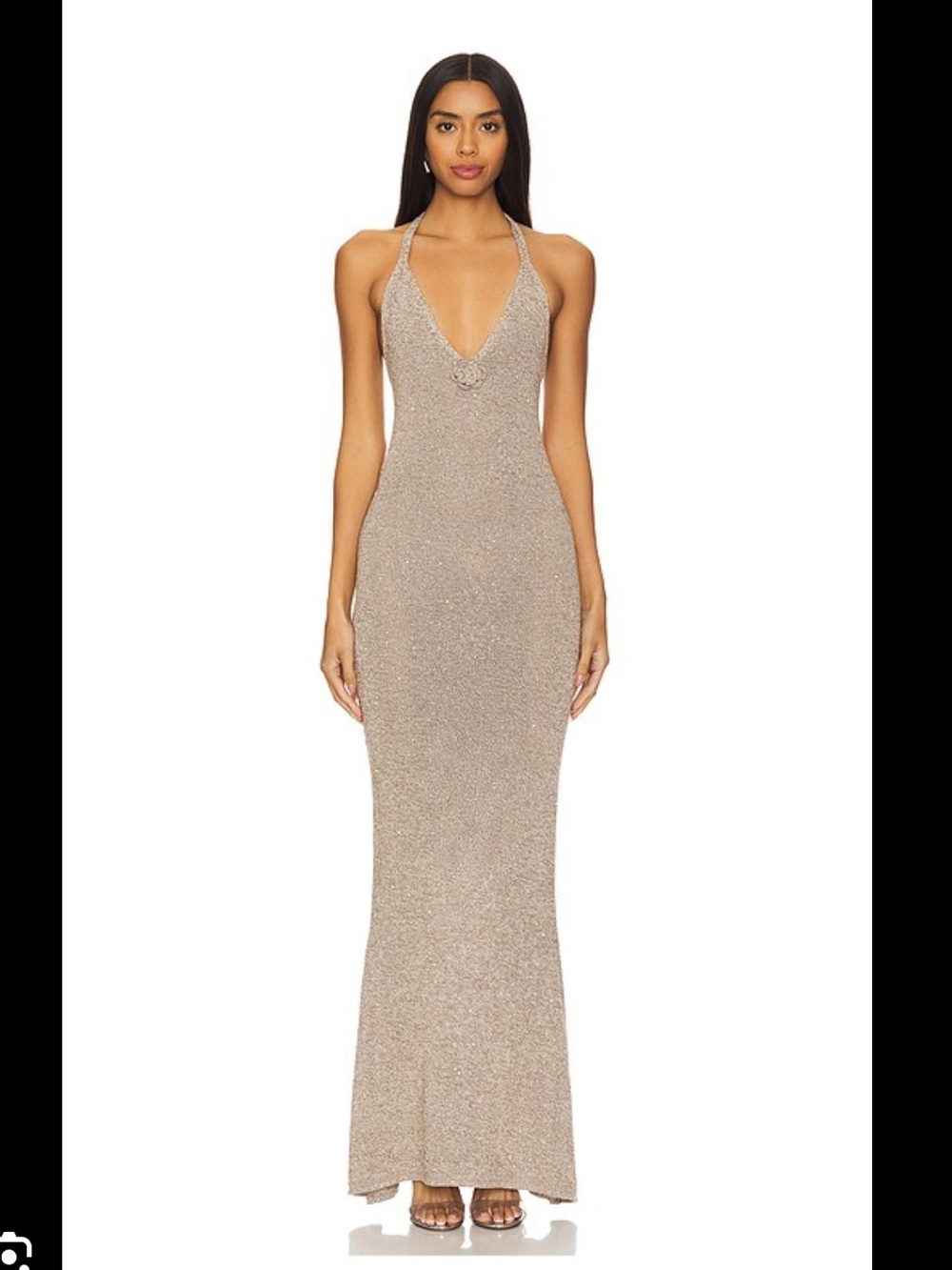 Sleeveless Sparkle Halter Maxi Dress in Champagne